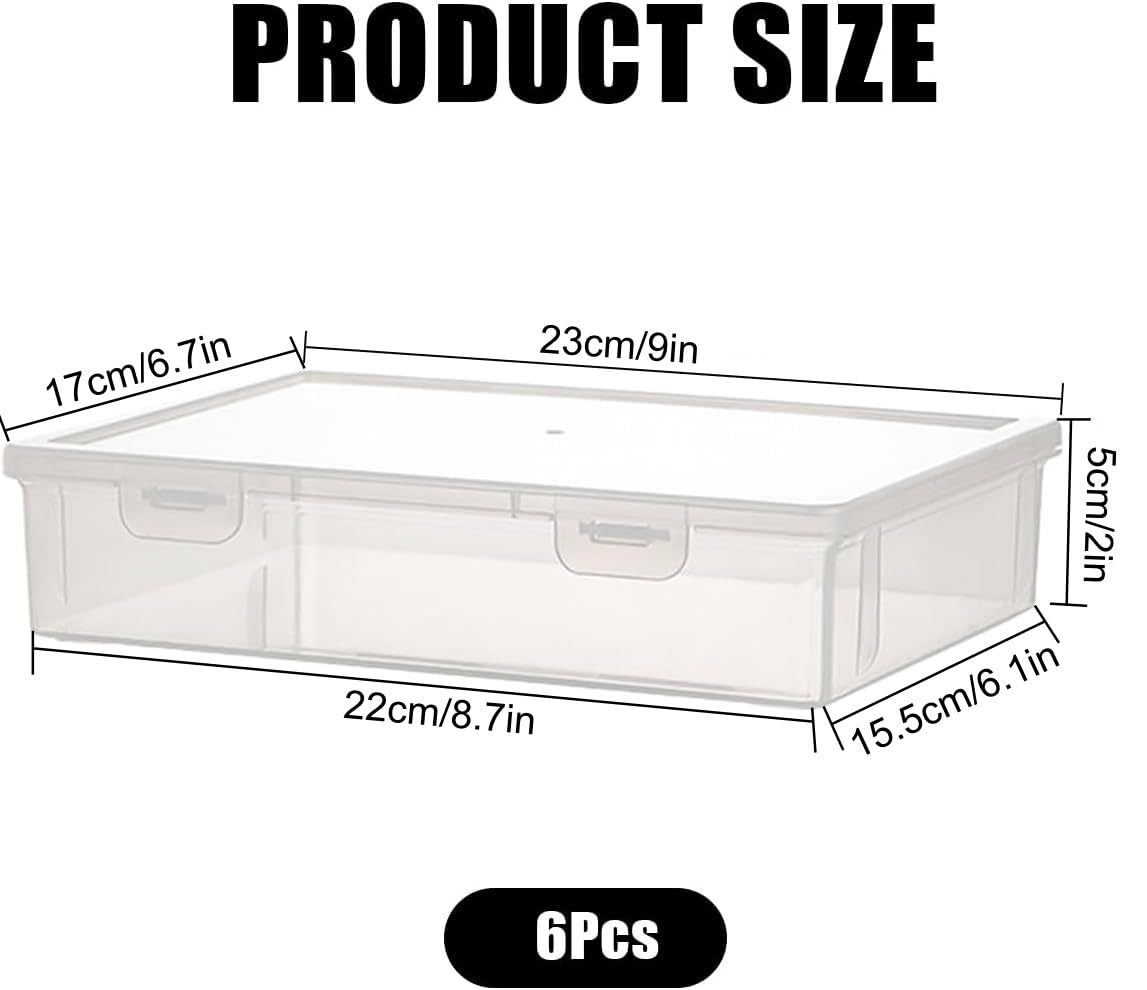 Odowalker 6 Pcs Clear Plastic Storage Box with Flap Lid, 9 x 6.7 x 2 Inch Art Supply Rectangular Containers Case, Multipurpose Craft Organizers for Notebooks, Beads, Pencils, Ornaments Accessories