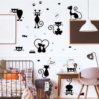 Cute Black Kittens Wall Stickers, sacinora Cat Paw Print Star Cloud DIY Wall Decals Removable Vinyl Peel and Stick for Bedroom Nursery Study Room Playroom Furniture Step Art Home Decorations