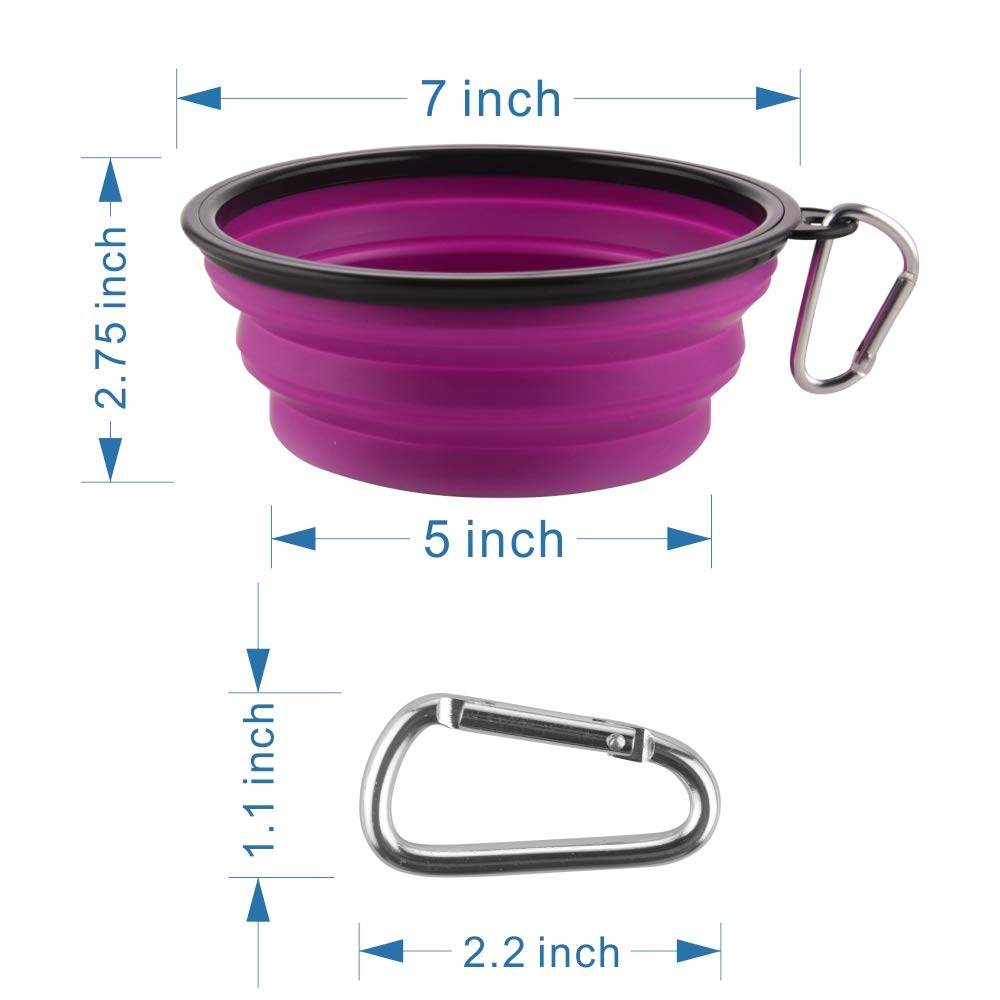 Large Collapsible Dog Bowls, 34oz Travel Water Food Bowls Portable Foldable Collapse Dishes with Carabiner Clip, 2 Pack (Purple+Red)