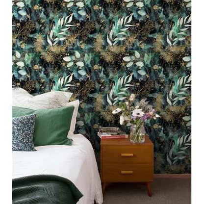 HAOKHOME Peel and Stick Wallpaper Boho Forest Vintage Removable Black/Green/Matte Gold Vinyl Self Adhesive Mural for Bedroom 17.7in x 6.5ft