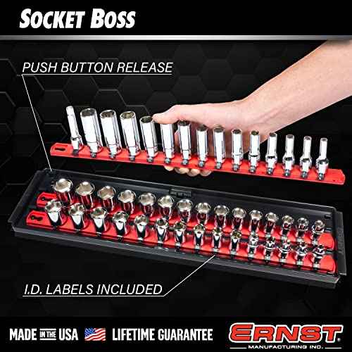 Ernst Manufacturing 8460HV Socket Boss 3-Rail Multi-Drive Socket Rail Organizer with Tray, 18-Inch, High-Visibility - Made in USA