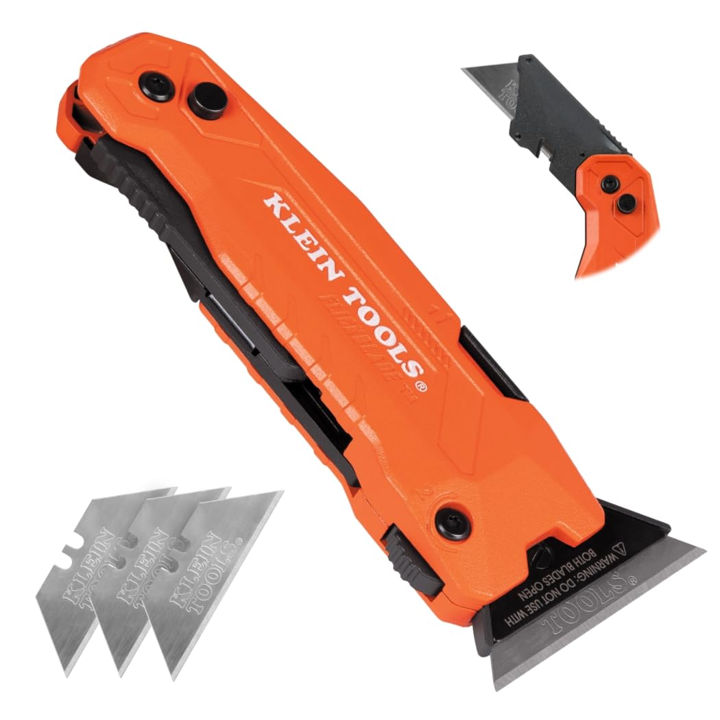 Klein Tools 44306 FLICKBLADE 2-in-1 Folding Utility Knife and Scraper with Built-In Blade Storage, Dual Locking Positions, Includes 3 Triple-Ground Carbon Steel Blades