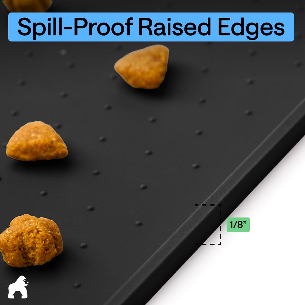 GORILLA GRIP 100% Waterproof Raised Edge BPA Free Silicone Pet Feeding Mat, Dog Cat Food Mats Contain Spills Protects Floors, Placemats for Cats and Dogs Water Bowl, Pets Accessories 18.5x11.5 Black