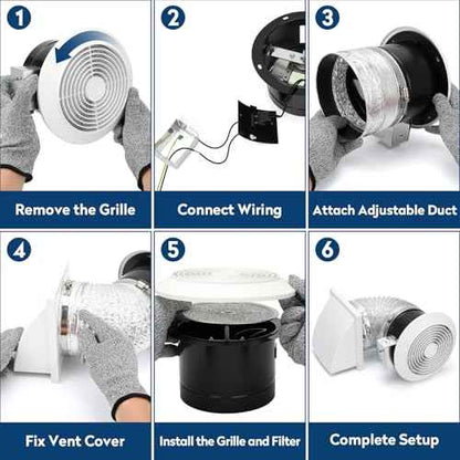 512M 6 Inch Through-the-Wall Exhaust Fan with White Grille, 80 CFM, 4.0 Sone, 16-Inch Retractable Duct, Household Ventilation Fan for Attic, Garage, Kitchen and Bathroom Exhaust Fan, Bathroom Vent Fan