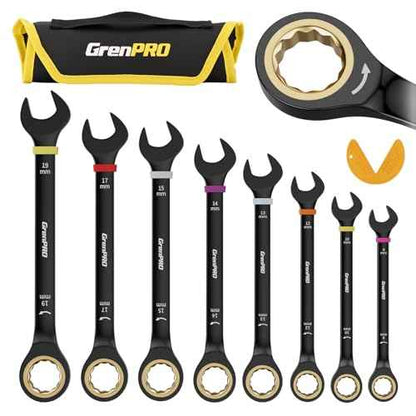 Ratcheting Wrench Set Metric And Standard, 9PC 8-19 mm 72Th Long Big Box Open End Ratchet Wrenches Organizer With Color Ring With Roll Up Pouch With 1 Gauge, Large Combination Wrench Tool Sets
