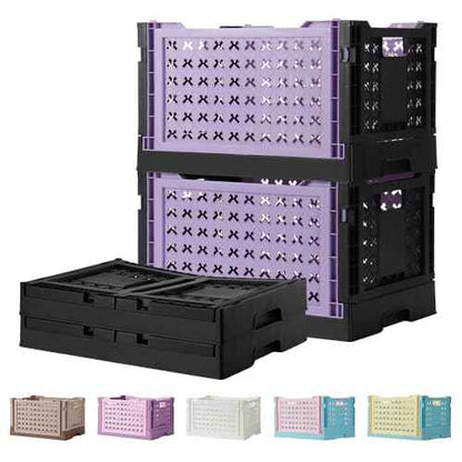 Stackable Plastic Closet Storage Basket, 2 Pack Foldable Closet Organizers and Storage Bins, Decorative Basket for Closet, Shelves, Laundry, Wardrobe Organizing (Purple Black)