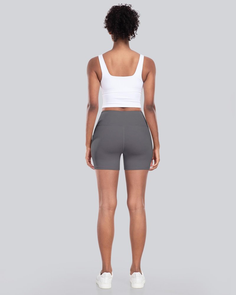 CHRLEISURE Womens Biker Yoga Shorts with Pockets: High Waisted Tummy Control Spandex Workout Athletic Gym Shorts 4 Packs(5'' Black,Black,Gray,Navy, L)