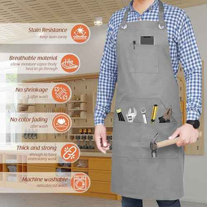 Adjustable Work Apron for Men,Heavy Duty Canvas Shop Apron Crossback with Tool Pockets (Grey)