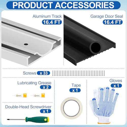 MYFAMIREA 16.4FT Garage Door Seals Bottom Rubber, Pre-drilled Aluminum Track Retainer Kit Weather Stripping, U+O Ring Weatherproof Threshold Strip Replacement Bottom for Garage Door,1.57" Width, Black