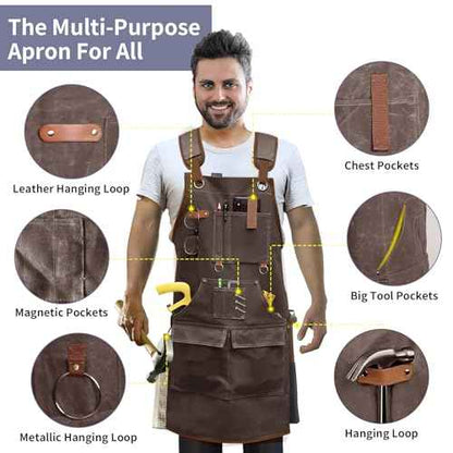 Waxed Canvas Woodworking Apron - 22oz Carpenter Apron for Men and Women, Shop Aprons with 9 Pockets & Cross Back Straps