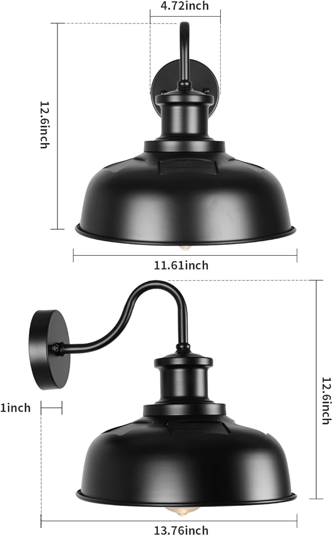 Solar Barn Light for Outside, Gooseneck Outdoor Wall Lights Solar Powered, Farmhouse Exterior Wall Sconce, Industrial Outside Lighting Fixture, Rustic Lantern for Garage, Barn, Shed, RZSR007 BK