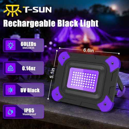 T-SUN Rechargeable Black Lights, Battery Powered Black Lights for Fishing Portable Blacklights for Glow Party Body Paint Fluorescent Poster Neon Party 4 Packs