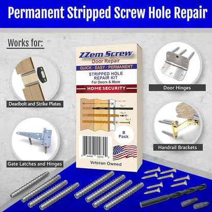 8-PK - #9x3 Steel Screws Permanent Door Hinge Repair Kit ? Easy Stripped Screw Hole Repair ? Reinforce Door Hinges, Strike Plates & Door Jamb Repair ? Quickly Fix Stripped Hinge Screws - Made in USA