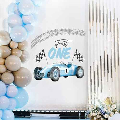 Fast One Birthday Racing Decal Race Car Checkered Flag Welcome Sign Decal Fast One 1st Birthday Backdrop Decorations for Boys Balloon Arch