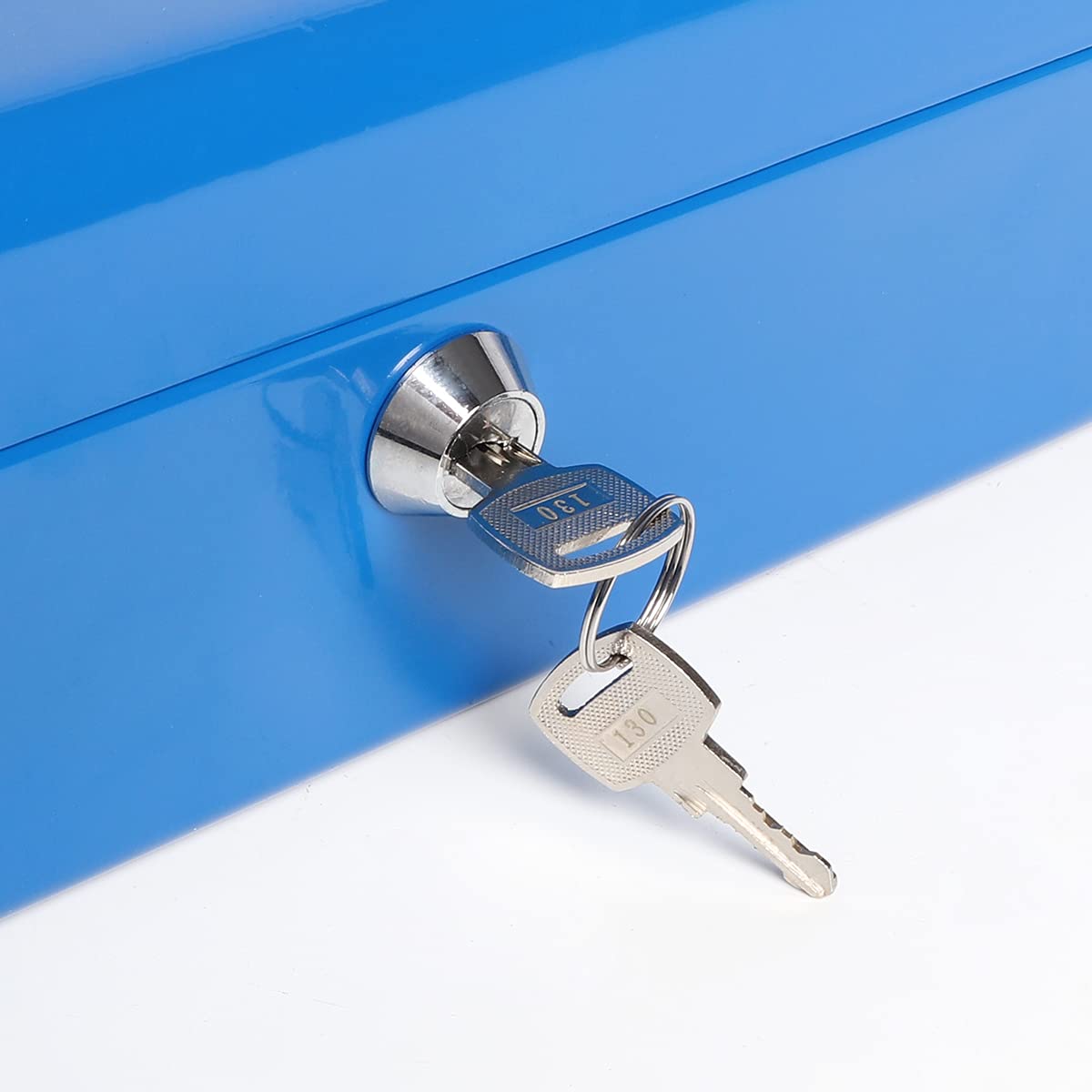Parrency Cash Box with Key Lock，Durable Metal Cash Box with Money Tray，Lock Box Safe Storage Security Locker，Blue
