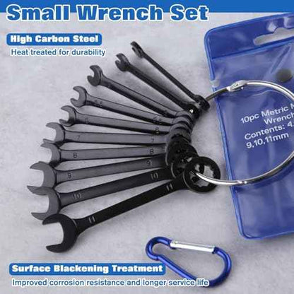 10PCS Mini Wrench Set Standard Metric 4mm-11mm Ignition Wrenches Open End and Box End Combination Wrench Set with Portable Pouch and Key Rings, Black Electrophoretic Coating