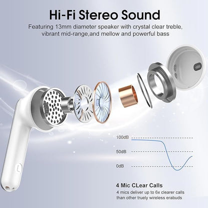 Wireless Earbuds, Bluetooth 5.4 Headphones with 3D Bass Stereo, Bluetooth Earbuds with 4 ENC Noise Cancelling Mic, 40H Ultralight In-Ear Buds USB-C, IP7 Waterproof Earphones for Android iOS, Silver