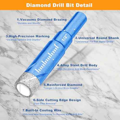 9 Piece Dry Diamond Drill Bits Set, Tile Drill Bits for Glass, Granite, Ceramic, Tile, Quartz Stone, Sizes 1/4" 5/16" 3/8" 1/2", Built-in Solid Cooling Wax, Fast Dry Drilling, Round Shank