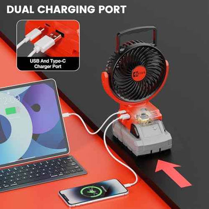 ohyes Jobsite Fan Compatible with Milwaukee 18V Battery Brushless Motor with USB A+C Fast Charging for Camping Outing & Concert(Battery not included)
