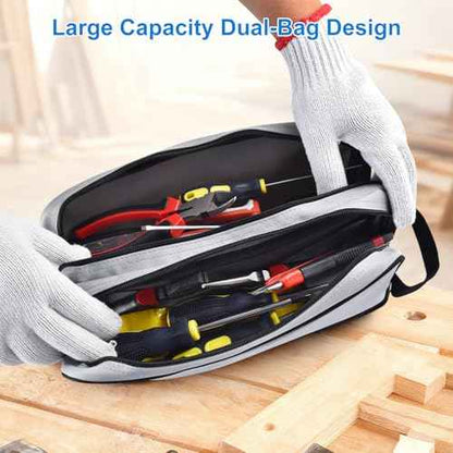 Dual Compartments Tool Bag, 12 Inch Zipper Tool Pouch Set, Utility Multipurpose Storage Organizer Tools Bag with Carrying Handle for Electrician Mechanic, Gift for Men (Grey & Green)