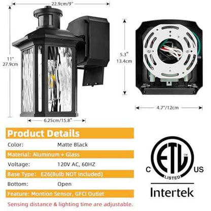 Porch Lights with GFCI Outlet, Dusk to Dawn Motion Sensor Outdoor Lights with E26 Sockets & Glass Shades, Waterproof Anti-Rust Sconce Light, Outside Wall Lamps for House, Black