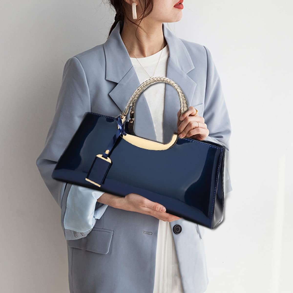 XingChen Glossy Women Handbag Faux Patent Leather Top-Handle Bag Structured Shoulder Bag Tote Evening Purse Party Satchel(Blue)