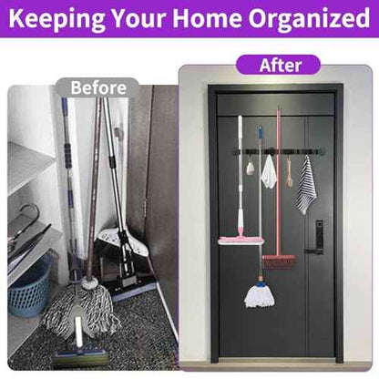 Magnetic Broom Holder Wall Mount - Heavy Duty Non-Slip Mop Hanger with 4 Hooks And 5 Rack, No Drill Tool Organizer for Refrigerator,Garage,Laundry Room (Black, 5Racks 4Hooks)