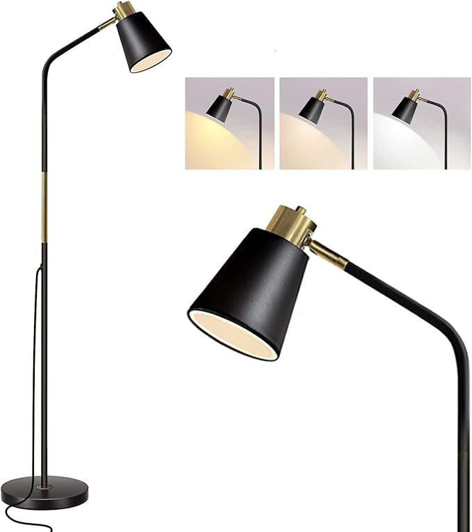 Floor Lamp, Dimmable Floor Lamps for Living Rooms & Bedrooms, Farmhouse Reading Lamp - Standing, Adjustable Metal Heads Indoor Task Lighting for Living Room Bedroom Office (Dimmable Black)