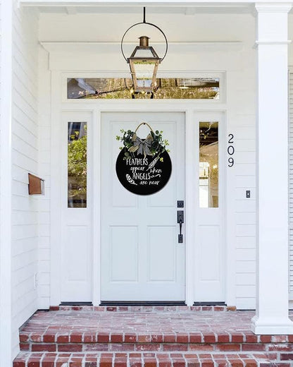 Angels Appear Front Door Sign Funny Wreaths Hanging Wooden Plaque Decoration Round Rustic Wood Farmhouse Porch Decor for Home Front Door Decor, 11 x 11 Inch