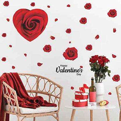 Heart-Shaped Rose Flower Wall Decals, Valentine's Day Love Wall Stickers, Removable Self-Adhesive Valentine Window Stickers, Romantic Wedding Anniversary Wall Art, Peel and Stick Murals for Home Decor