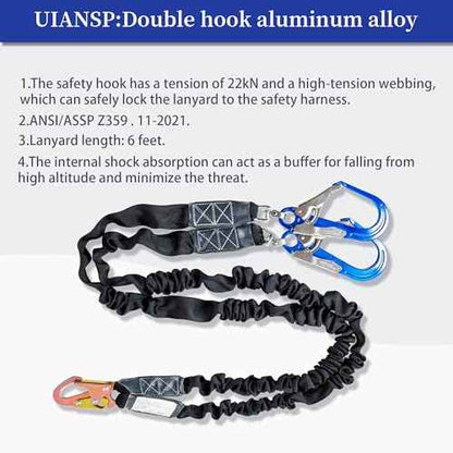 6ft Safety Lanyard Double Leg Internal Shock Absorbing Safety Fall Protection Lanyard with Rope Harness Safety Lanyard Dual Rebar & Snap Hook Roofer Fall Protection Equipment£¨Aluminium Alloy£©