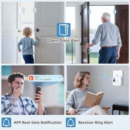 Door Chime,Sanjie WiFi Door Sensor Open Chime When Entering for Business/Home/Store/Office Alert Your Phone,Alarms for Kids Safety,500 FT Range,20 Ringtones,4 Sensors 1 Receiver