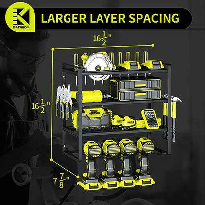 KAFAHOM Power Tool Organizer,4 Layer Drill Holders Wall Mount,Heavy Duty Metal Organizers and Storage Rack for Garage Organization,Tools Shelves with Screwdriver Plier/Hammer Holder, Black