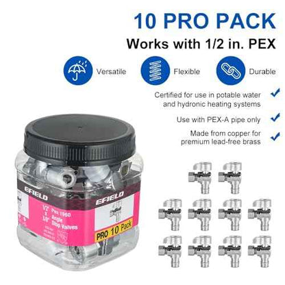 Pro 10-Pack EFIELD Stop Angle Valve Pex-A 1/4 Turn, 3/8" OD Compression X 1/2" Pex-A Expansion, Chrome Plated LF Brass, Heavy Duty,(VALVE378)