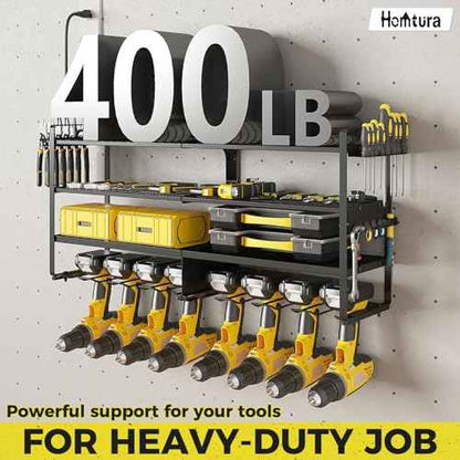 1 Pack Power Tool Organizer Wall Mount with 8 Outlet Power Strip, 4-layer Heavy-duty Metal Tool Storage Rack, Maximum Load of 400lbs, Garage Organization with 4 Racks and 8 Cordless Drills
