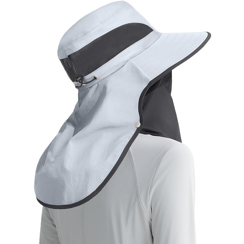 Womens Sun Hat Wide Brim UPF50+ Outdoor Sun Protection Ladies Fishing Hat with Neck Flap Detachable Face Cover (US, Alpha, One Size, Light Grey)