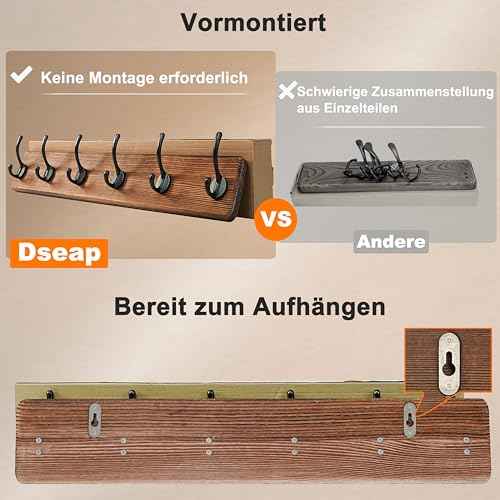 Dseap Coat Rack Wall: 24" Long, Patented, Heavy-Duty, 6-Double-Hooks Wooden Wall Mounted Coat Rack Coat Hanger Hook Rail for Winter Coats Hat Jacket Clothing, White & Black