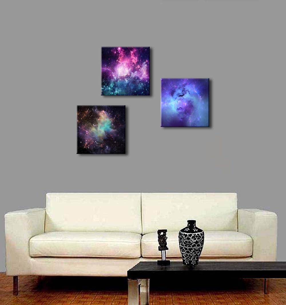 Pyradecor Fantastic Outer Space Canvas Prints Wall Art Blue Purple Nebula Galaxy Stars Pictures Canvas Artwork for Bedroom Home Office Decorations