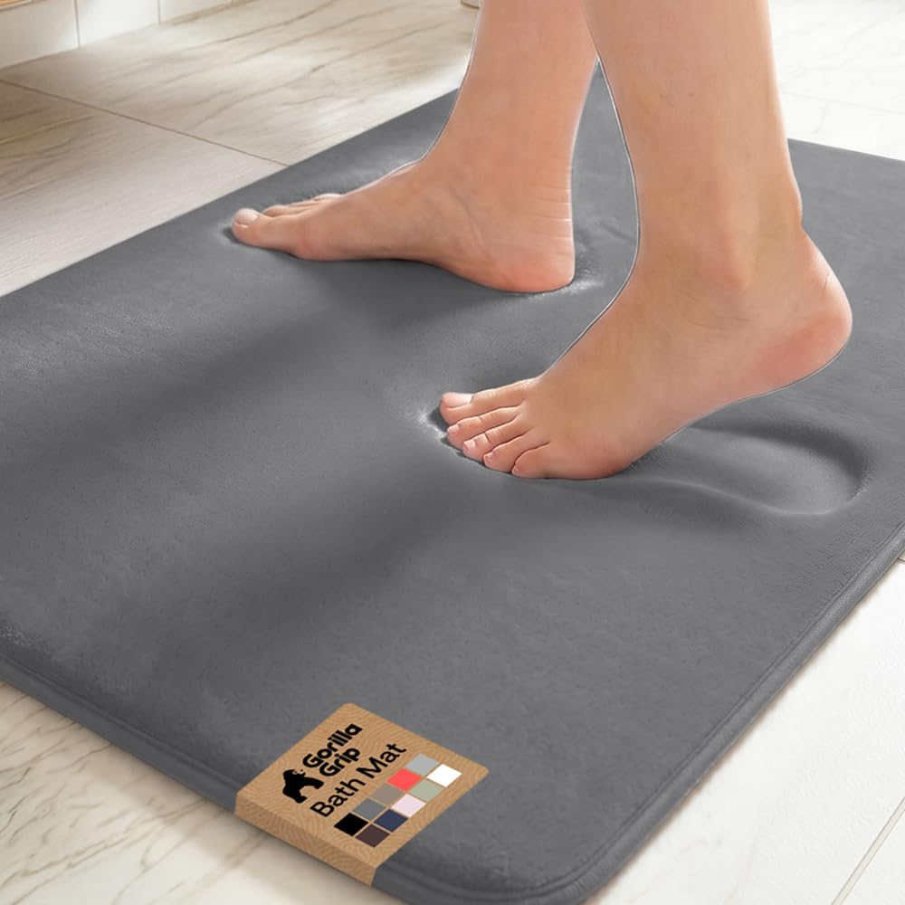 GORILLA GRIP® Memory Foam Bath Rugs, Soft Absorbent Velvet Bathroom Mats, Durable Dots on Underside, Machine Washable Bathmat, Carpet Rug Room Decor for Shower Floor, 24x17 Mat, Graphite Gray