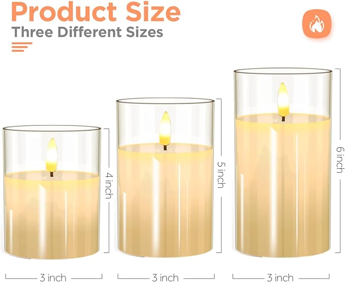 Glass Battery Operated LED Flameless Candles with Remote and Timer, Real Wax Candles Warm Color Flickering Light for Festival Wedding Home Party Decor(Pack of 3)-Lvory White