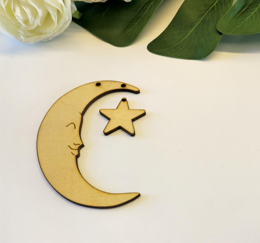 Set of 20 Crescent Moon and Star,Christmas Moon and Star Hanging Ornament for Window &Christmas Tree Decoration (Natural Wood)