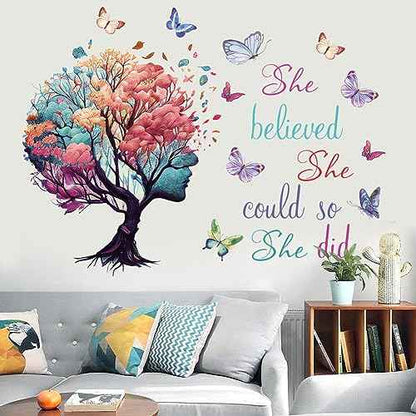 Inspirational Quotes Wall Art - 'She Believed She Could So She Did' Tree & Butterfly Decal Stickers for Women & Girls Bedroom & Living Room Decor