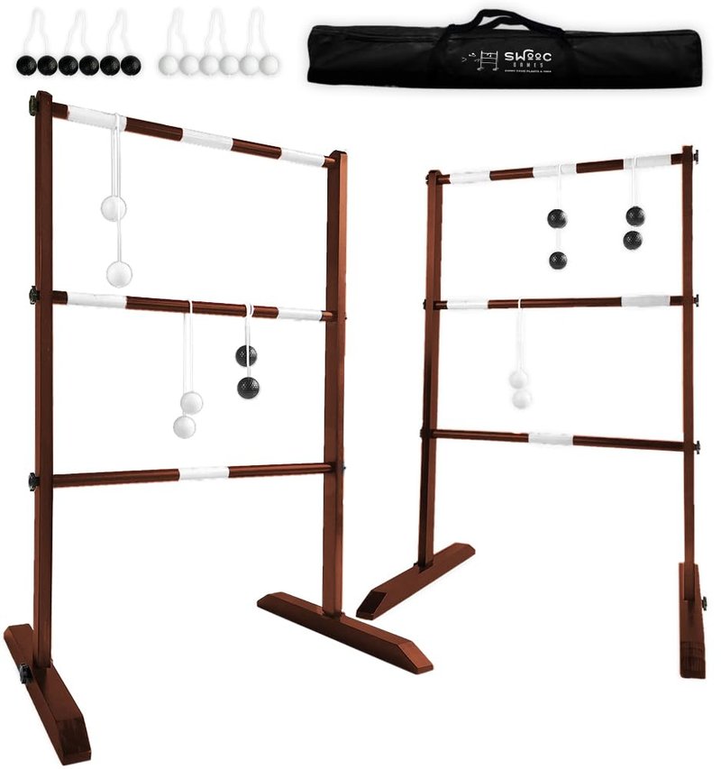 SWOOC Games® - Premium Wooden Ladder Ball Game Set (Weather Resistant) - with 10+ Games & Carrying Case - Easy, No Tool Set Up - Premium Ladder Toss Outdoor Game - Backyard Ball Toss Games