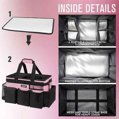Wearable Cleaning Caddy Bag, Cleaning Caddy Supplies Organizer with Handle & Shoulder Straps for Housekeepers, Under Sink & Car Cleaning Tool Organizers with 4 Foldable Divider (SweetPink)