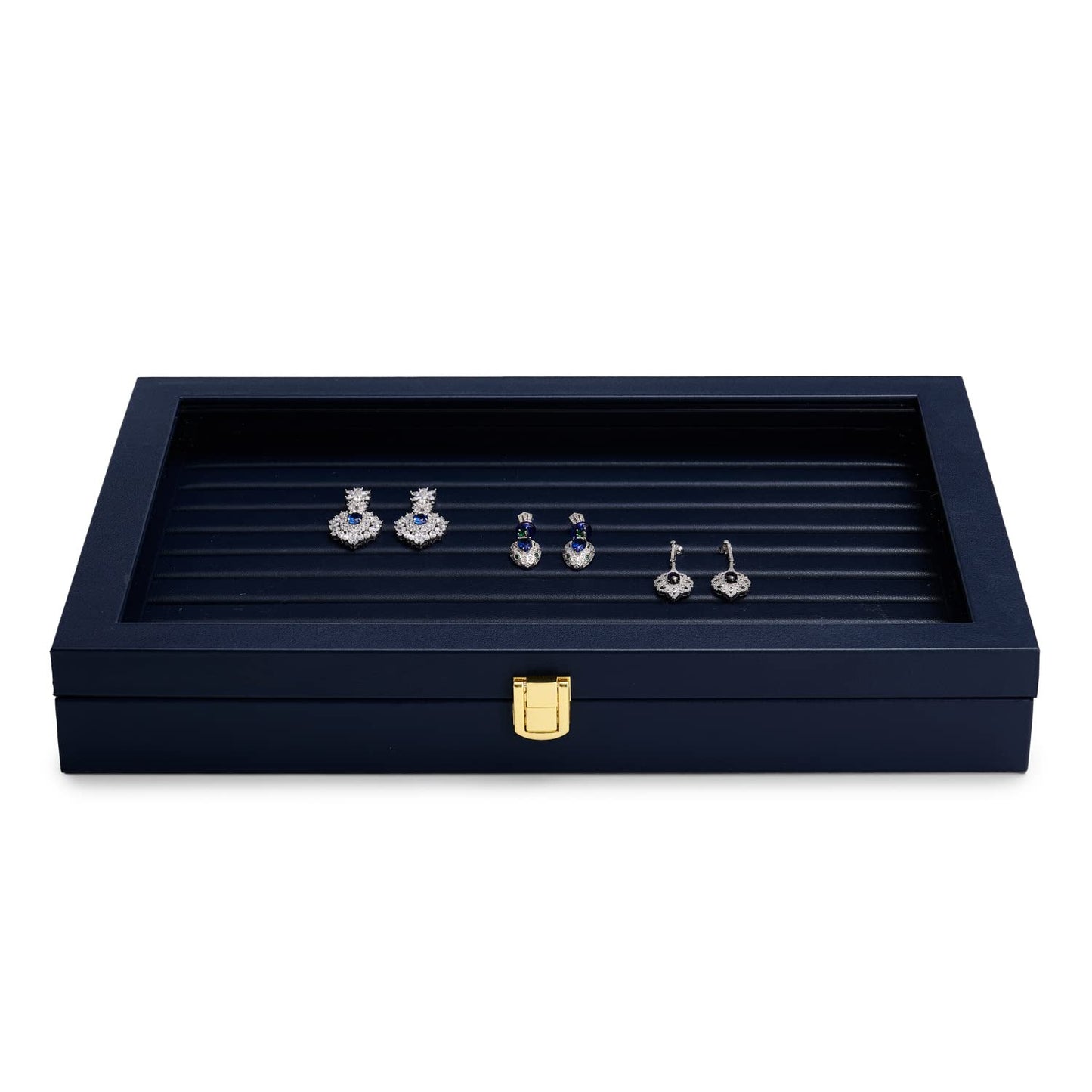 Oirlv Premium Blue Leather Rings Earrings Organizer Tray with Clear Lid Jewelry Display Box with Acrylic Lid Stackable Jewelry Box Drawer Inserts