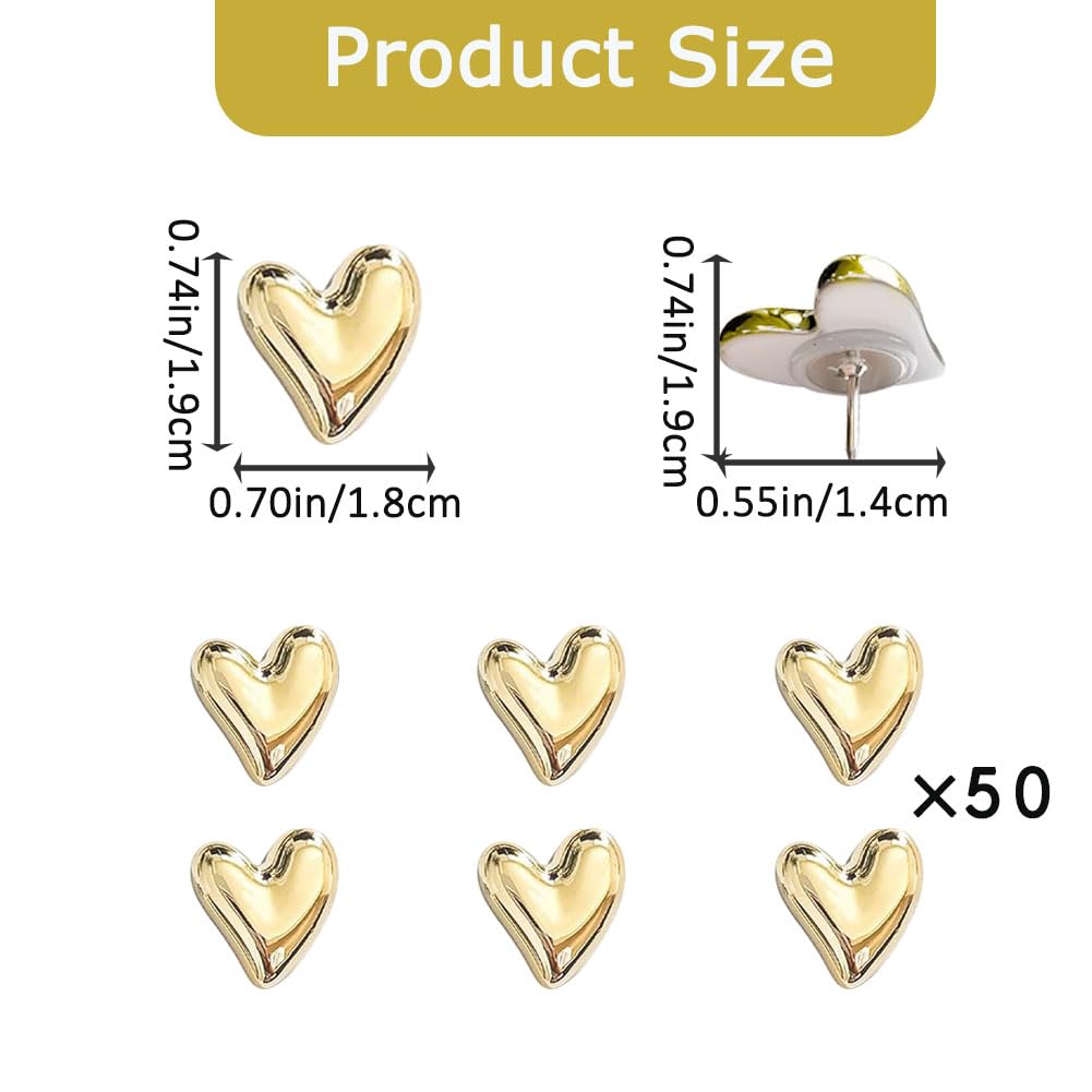 SSYHQAX 50 pcs of Cute Soft Wooden Board thumbtack with Golden Hearts can be Used for Photo Walls, memos, whiteboards, and Decorative thumbtack (Golden)