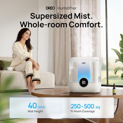 Dreo Smart Humidifiers for Bedroom, 6L Top Fill Supersized Cool Mist Humidifier for Large Room, 60 Hour Runtime, Quiet Ultrasonic Humidifier for Plants, Baby, Indoor, Home, Night Light, Black