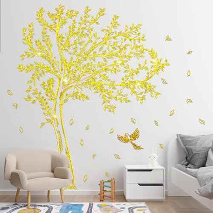 Large Tree Wall Decals Peel and Stick Gold Tree Wall Decals Murals Golden Stamping Walls Art Decal Home Decor for Living Room, TV Walls, Bedroom