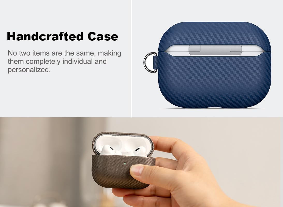 Haobobro Leather Case - for AirPods Pro 2 Case Cover with Keychain - Selected Skin-Friendly Leather, Carbon Fibre Texture, Handmade Shockproof Hard Cover for AirPods Pro 2nd Generation Earbuds - Blue