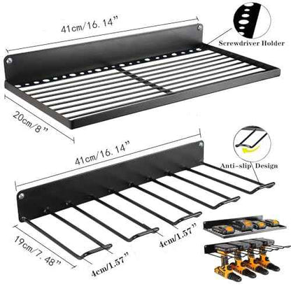 2-Tier Power Tool Organizer, Storage Rack Wall Mount Drill Holder for 4 Power Drill Tools, Space Saving, Utility Storage Rack for Garage, Workshop, Tool Library Etc